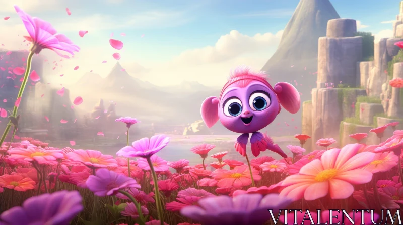 Enchanting Pink Creature in Flower Field - 3D Fantasy Art AI Image