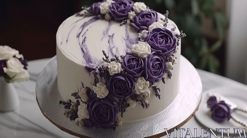 Exquisite Cake with Purple and White Flowers AI Image