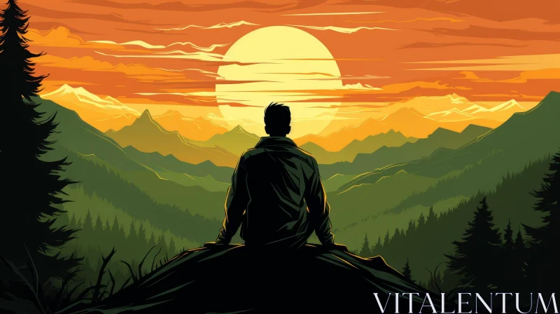 Man Sitting on Rock Watching Sunset in Mountain Landscape AI Image