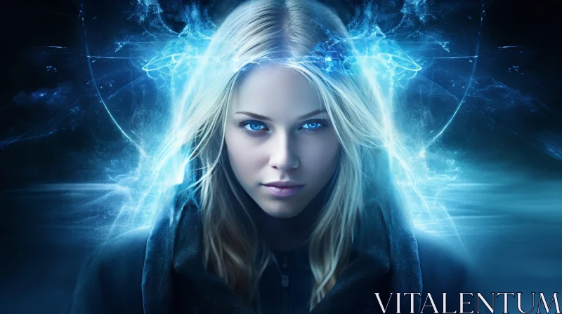 Mysterious Woman with Blue Eyes and Supernatural Power AI Image