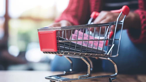 Powerful Image: Woman's Hand Holding Shopping Cart Filled with Banknotes