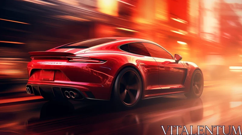 Red Sports Car Speeding Through Urban City Street AI Image