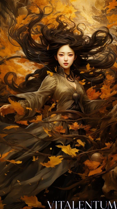Serene Asian Woman in Autumn Forest AI Image