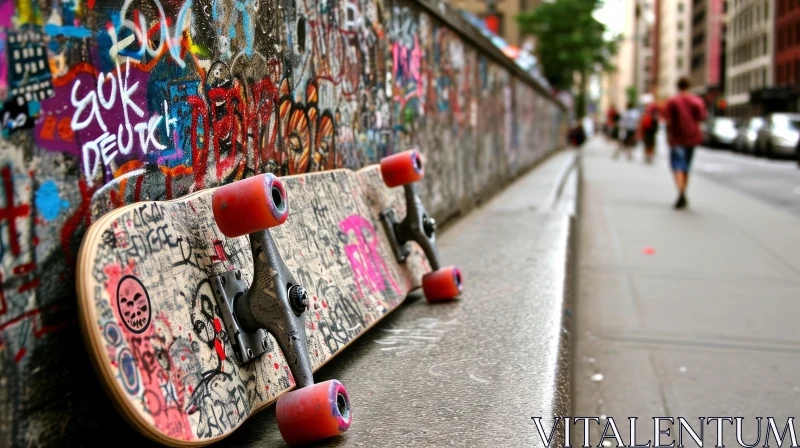 Skateboard Resting Against a Colorful Graffiti-Covered Wall AI Image