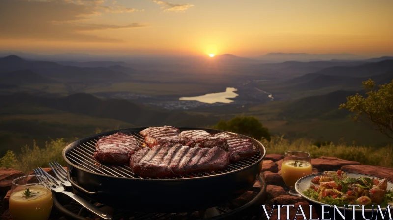 Sunset Over Mountain Range with Grill Scene AI Image