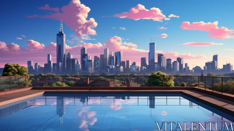 Tranquil Cityscape: Modern City with Pink and Blue Sky AI Image