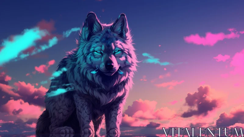 White Wolf Digital Painting on Rock with Colorful Sky AI Image