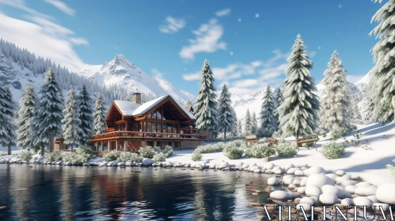 Winter Landscape with Snowy Mountain Cabin AI Image