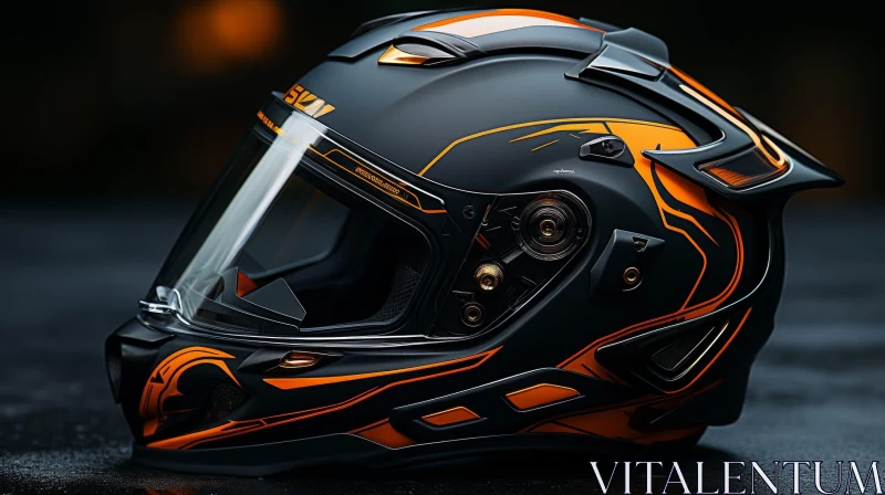 Black and Orange Futuristic Motorcycle Helmet - Stylish and Safe Gear AI Image