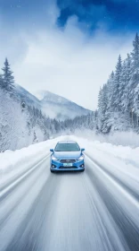 Blue Car Driving on Snowy Road: Winter Scene