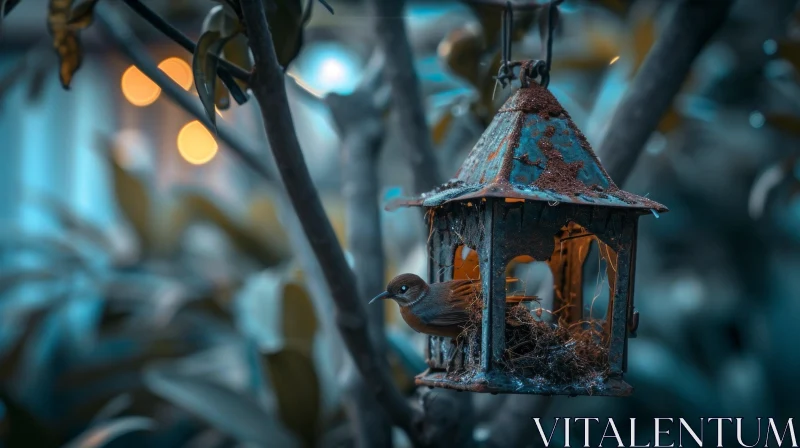 AI ART Captivating Bird perched on Rusty Birdhouse - Nature Art