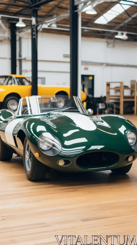AI ART Classic Green Sports Car - Jaguar E-Type Lightweight in Garage