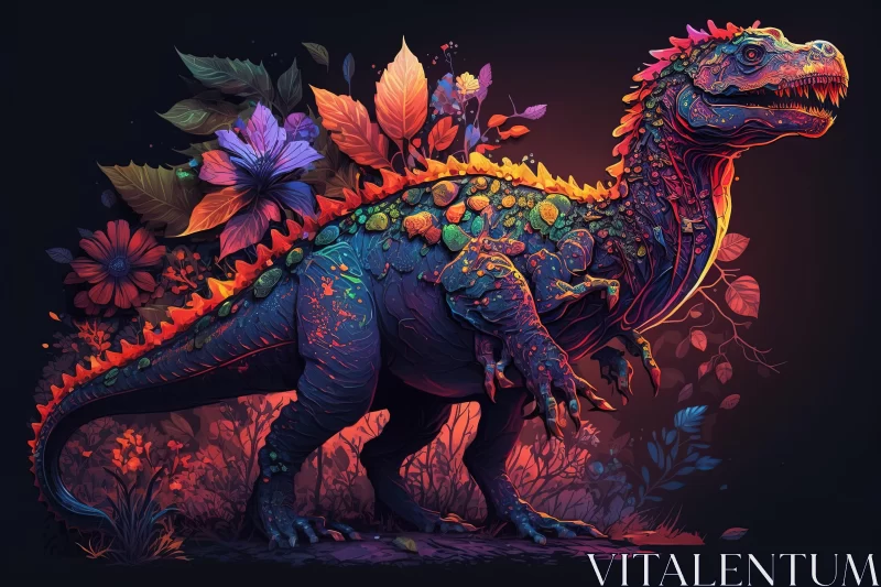 Colorful Fantasy T-Rex Illustration with Vibrant Flowers AI Image