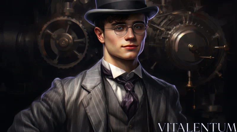 Confident Young Man in Steampunk Style at Dark Factory AI Image