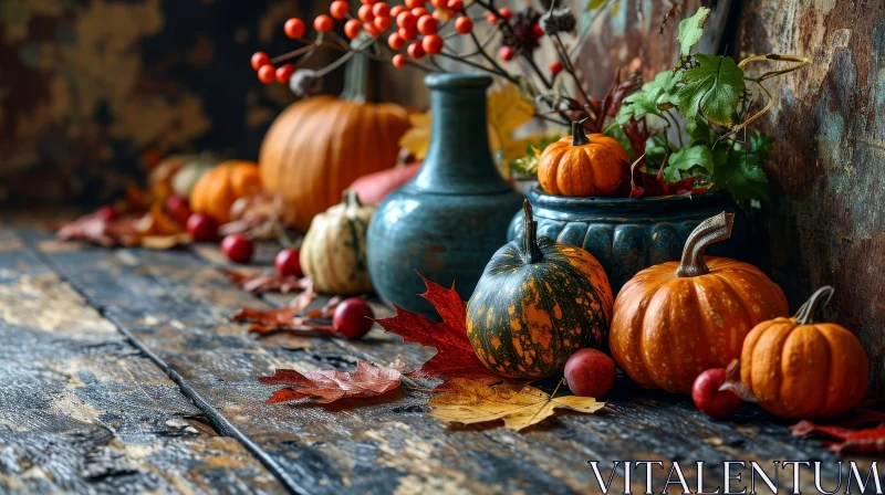 Cozy Autumn Still Life with Pumpkins and Fall Leaves AI Image