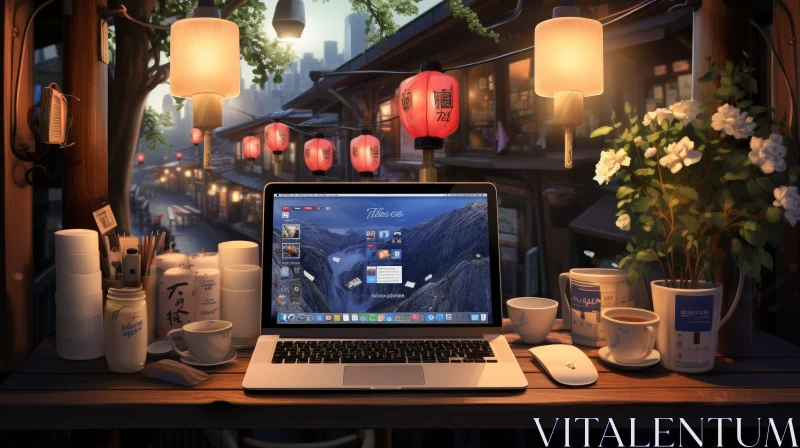 AI ART Cozy Cafe Laptop Mountain Landscape