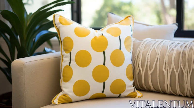Cozy Home Setting: White Sofa with Yellow Polka Dot Pillows AI Image