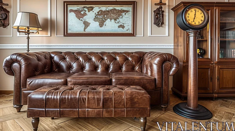 Cozy Living Room with Brown Leather Chesterfield Sofa AI Image