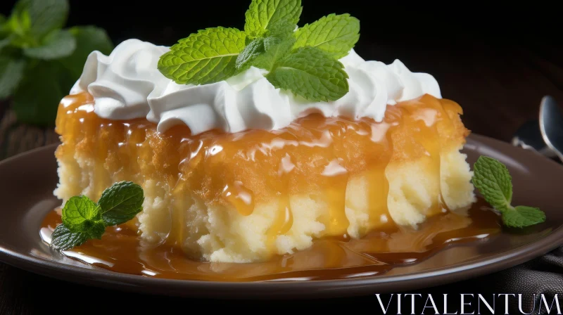 Delicious White Cake with Whipped Cream and Caramel Sauce AI Image