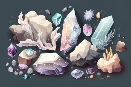 Dreamlike Rock and Crystals Illustration: Detailed Miniatures and Symbolic Props