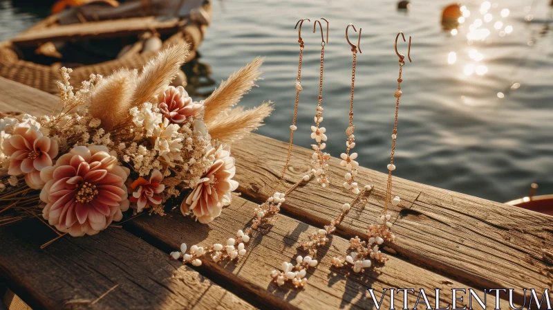 Ethereal Beauty: Wooden Dock with Floral Bouquet and Gold Earrings AI Image