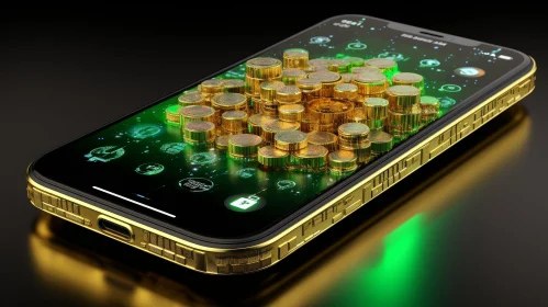 Luxurious 3D Rendering of Smartphone with Gold Coins