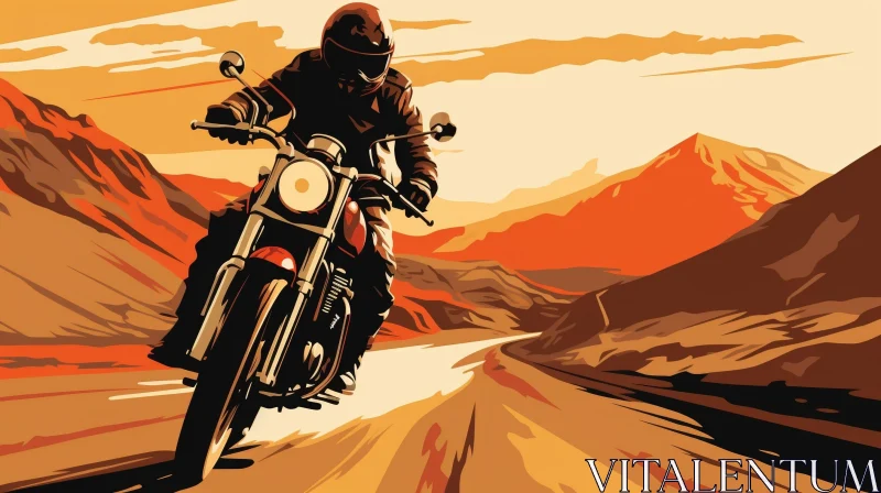 Man Riding Motorcycle on Desert Road Illustration AI Image