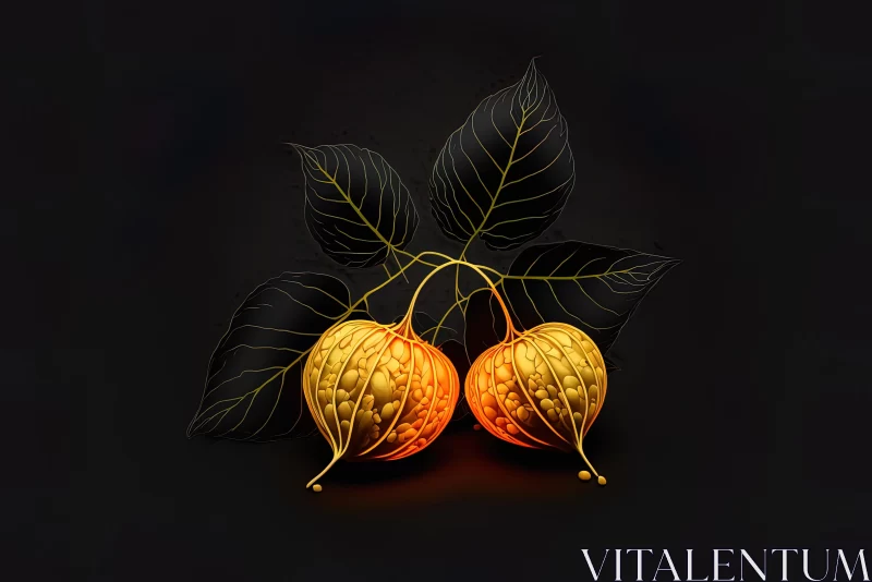 Orange Fruit on Black Background with Brown Leaves - Realism and Fantasy Art AI Image