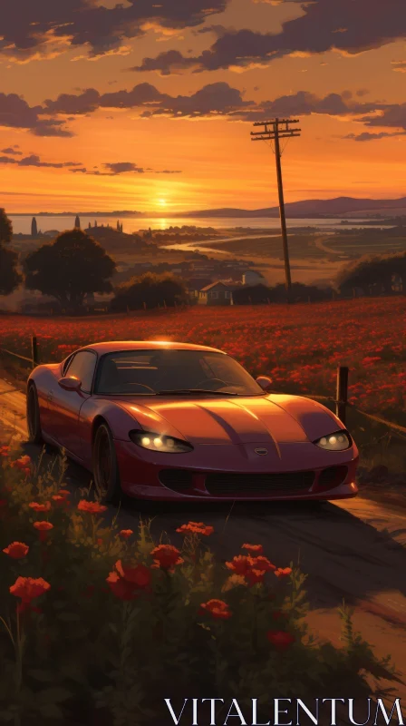 Red Sports Car in Field of Red Flowers at Sunset AI Image
