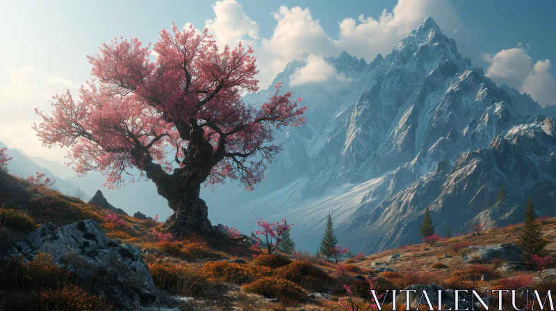 Serene Mountain Valley Landscape with Pink-Blossomed Tree AI Image