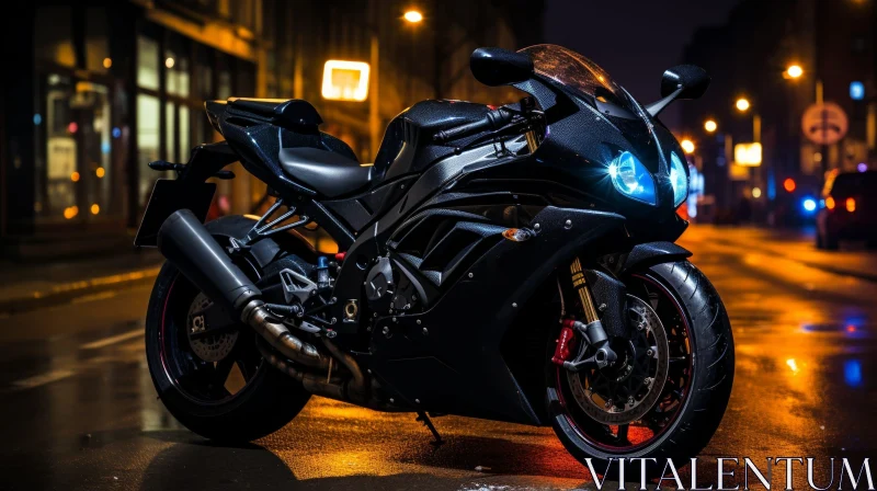 AI ART Sleek Black Sport Motorcycle on City Street at Night