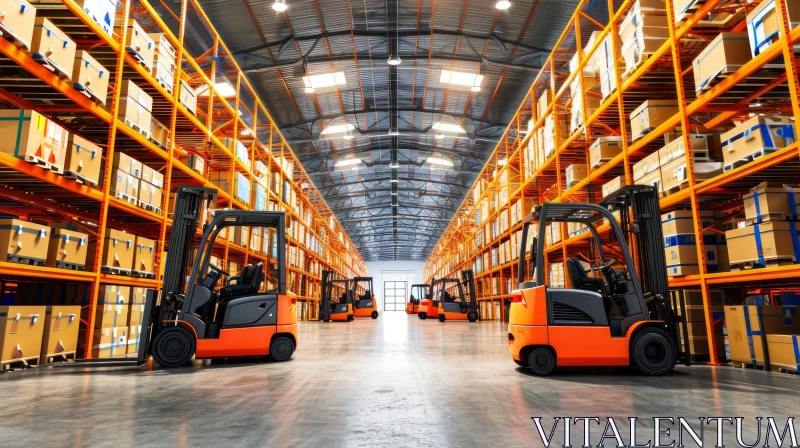 Spacious Warehouse with Forklifts and Neatly Arranged Shelves AI Image