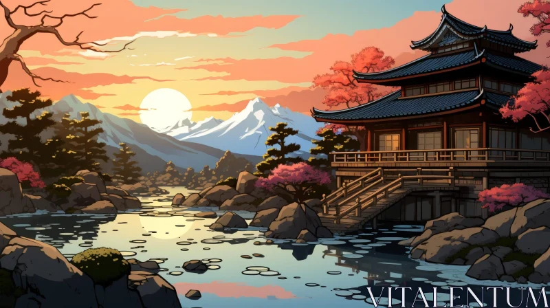 Tranquil Japanese House Landscape at Sunset AI Image