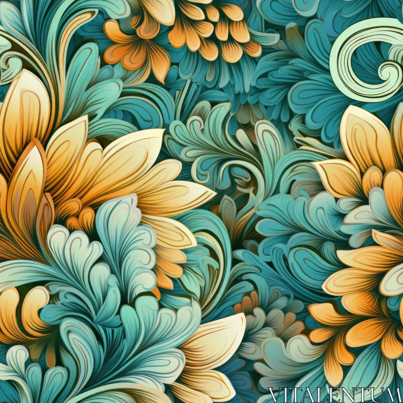 AI ART Vintage Floral Pattern on Teal Background