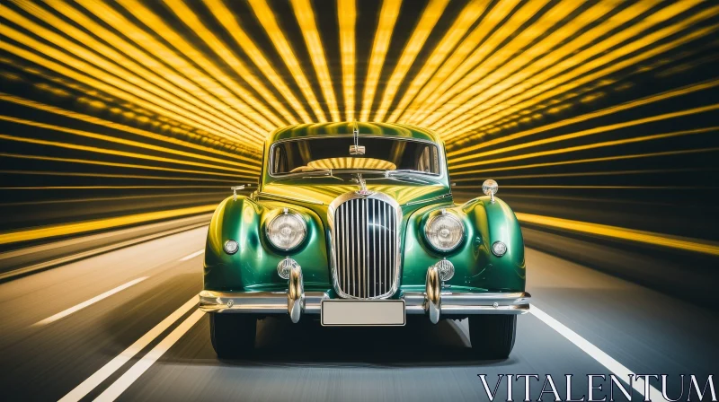 Vintage Green Car Speeding Through Dark Tunnel AI Image