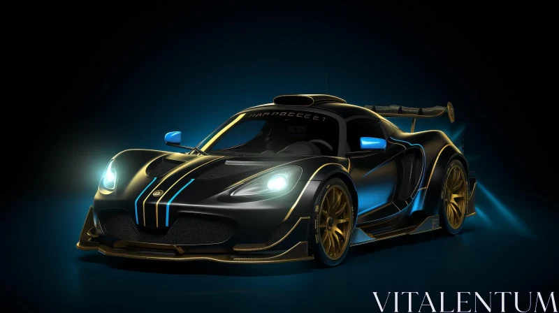 Black and Gold Sports Car with Blue Headlights in Dark Room AI Image