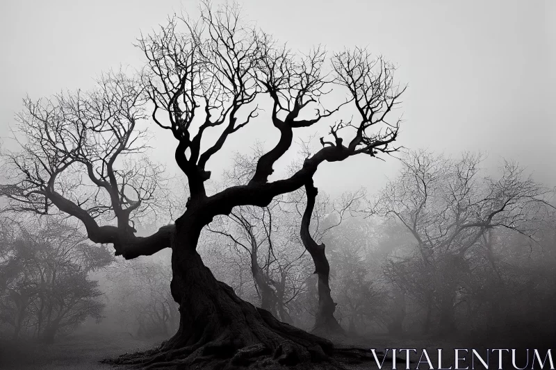 Black and White Tree in Fog: A Hauntingly Beautiful Nature Photograph AI Image