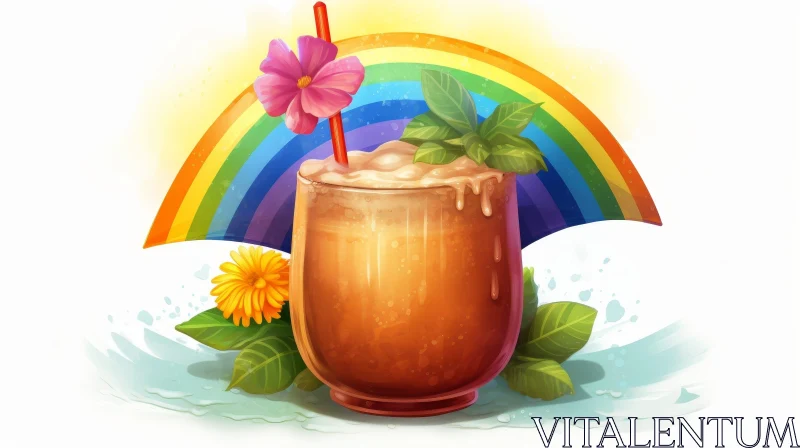 Cartoon Glass of Iced Coffee with Rainbow Illustration AI Image