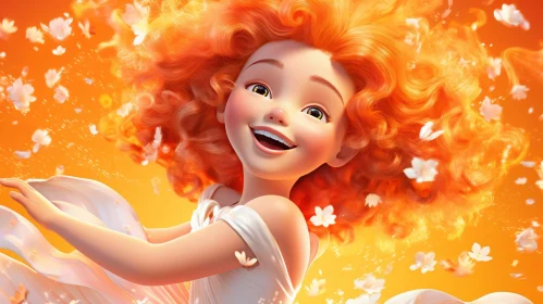 Cheerful Cartoon Portrait of a Smiling Girl with Orange Hair
