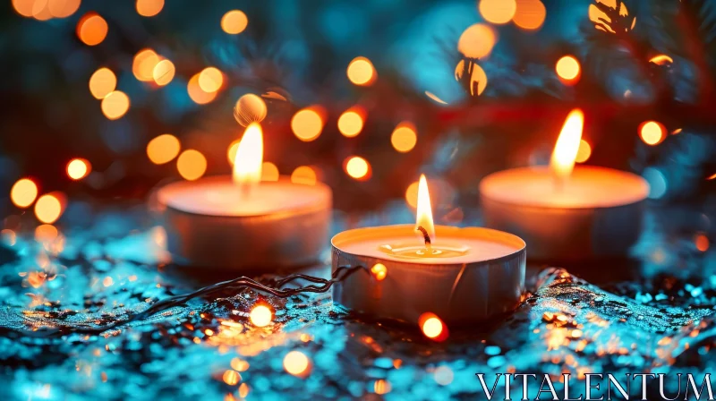 Close-up of Lit Candles on Blue and Gold Bokeh Background AI Image