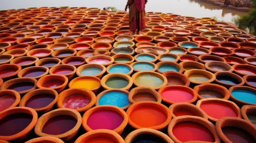 Colorful Clay Pots with Person in Vibrant Dress
