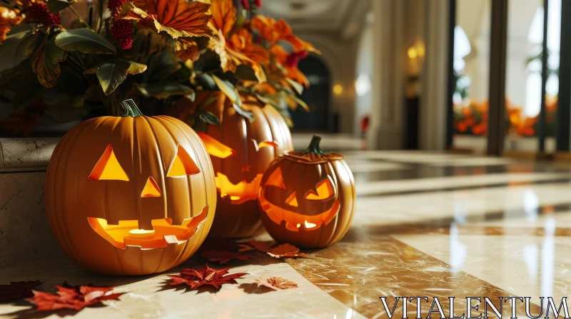 Eerie Halloween Scene with Jack-o'-Lanterns on Marble Floor AI Image