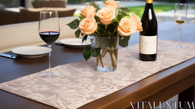 Elegant Table Setting with Wine Bottle and Roses AI Image
