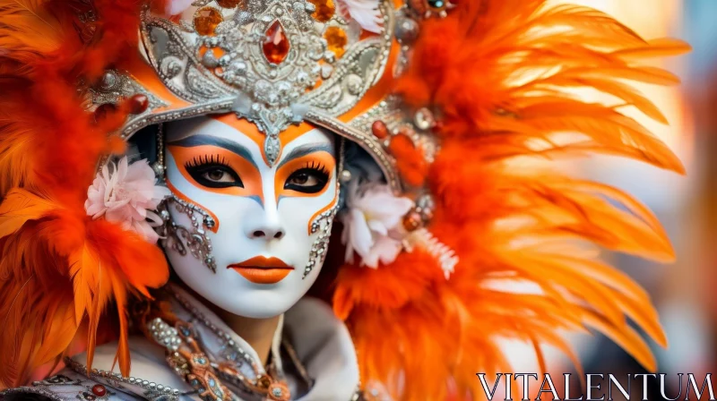 Elegant Woman in White and Orange Venetian Carnival Mask AI Image
