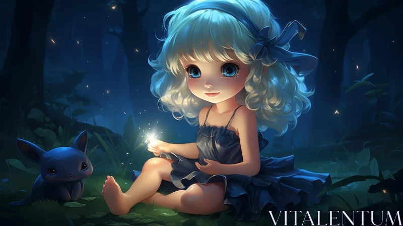 Enchanting Forest Scene with a Girl and Rabbit AI Image