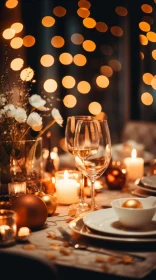 Holiday Dinner Table Setting with Golden Lights and Candles