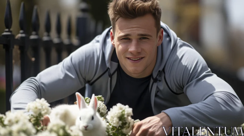 Man with White Rabbit in Flowered Setting AI Image