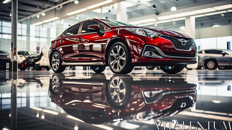 Red Car in Dealership - Shiny Floor Reflections AI Image