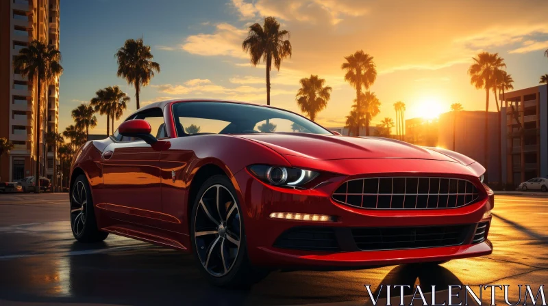 Red Sports Car in Urban Setting at Sunset AI Image
