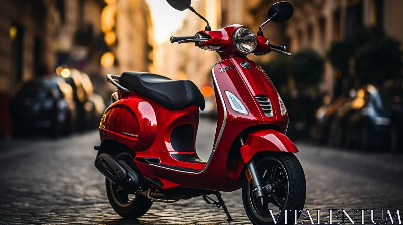 Red Vespa Scooter on Urban Cobblestone Street AI Image